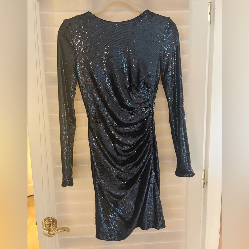 Dress the Population Navy Sequin Long-Sleeve Draped Cocktail Dress